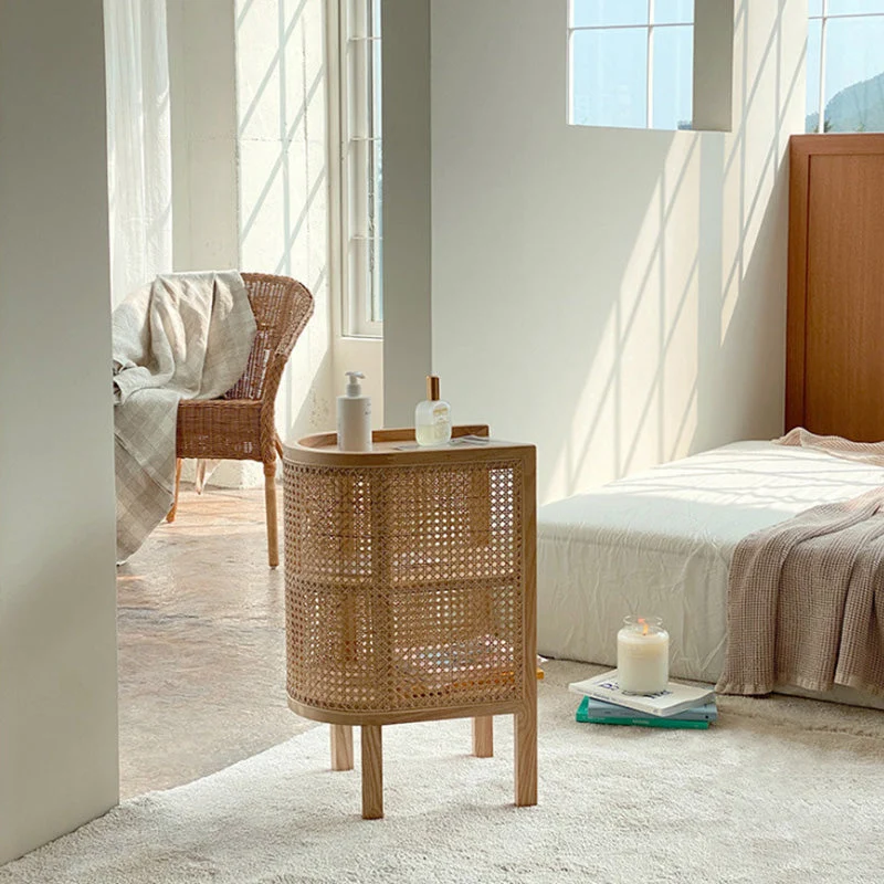 Traditional Japanese Weaving Semicircular Elliptical Faux Rattan Ash Wood Nightstand 2-Storage For Bedside
