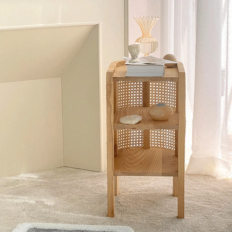 Traditional Japanese Weaving Semicircular Elliptical Faux Rattan Ash Wood Nightstand 2-Storage For Bedside