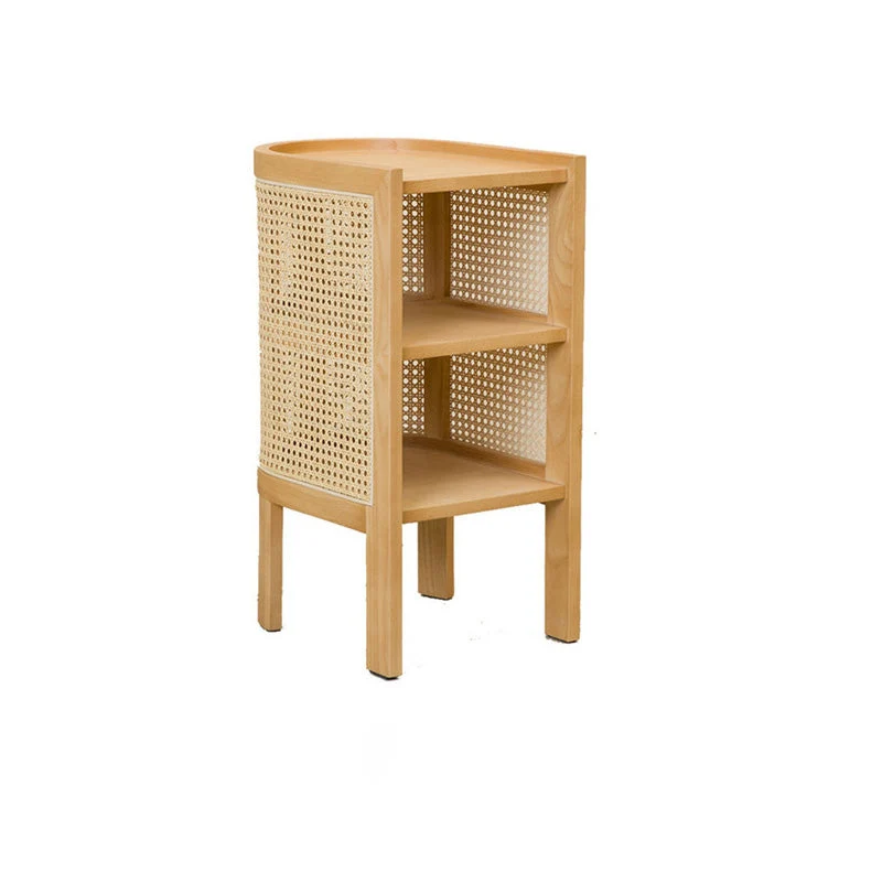 Traditional Japanese Weaving Semicircular Elliptical Faux Rattan Ash Wood Nightstand 2-Storage For Bedside