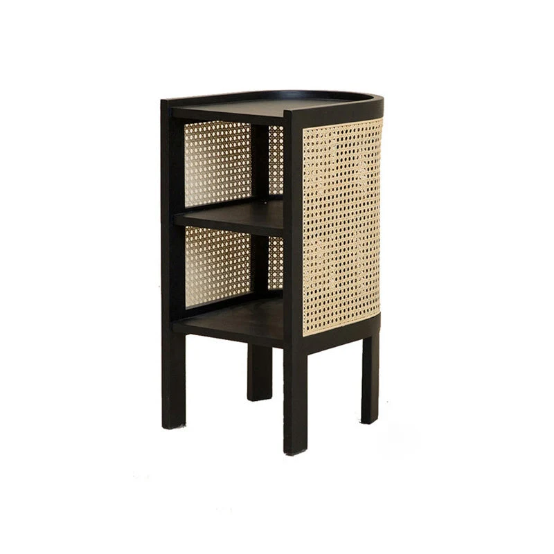 Traditional Japanese Weaving Semicircular Elliptical Faux Rattan Ash Wood Nightstand 2-Storage For Bedside