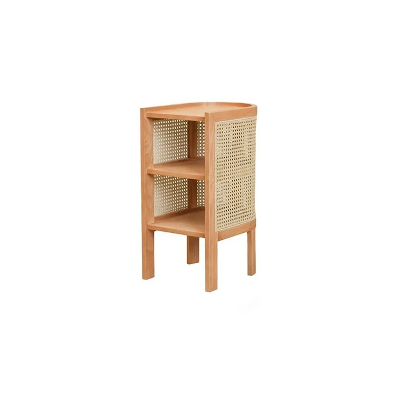 Traditional Japanese Weaving Semicircular Elliptical Faux Rattan Ash Wood Nightstand 2-Storage For Bedside