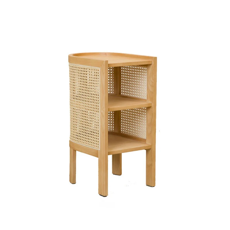 Traditional Japanese Weaving Semicircular Elliptical Faux Rattan Ash Wood Nightstand 2-Storage For Bedside
