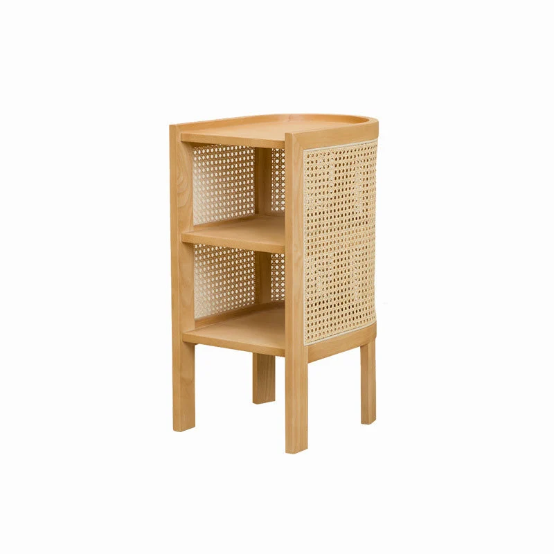Traditional Japanese Weaving Semicircular Elliptical Faux Rattan Ash Wood Nightstand 2-Storage For Bedside