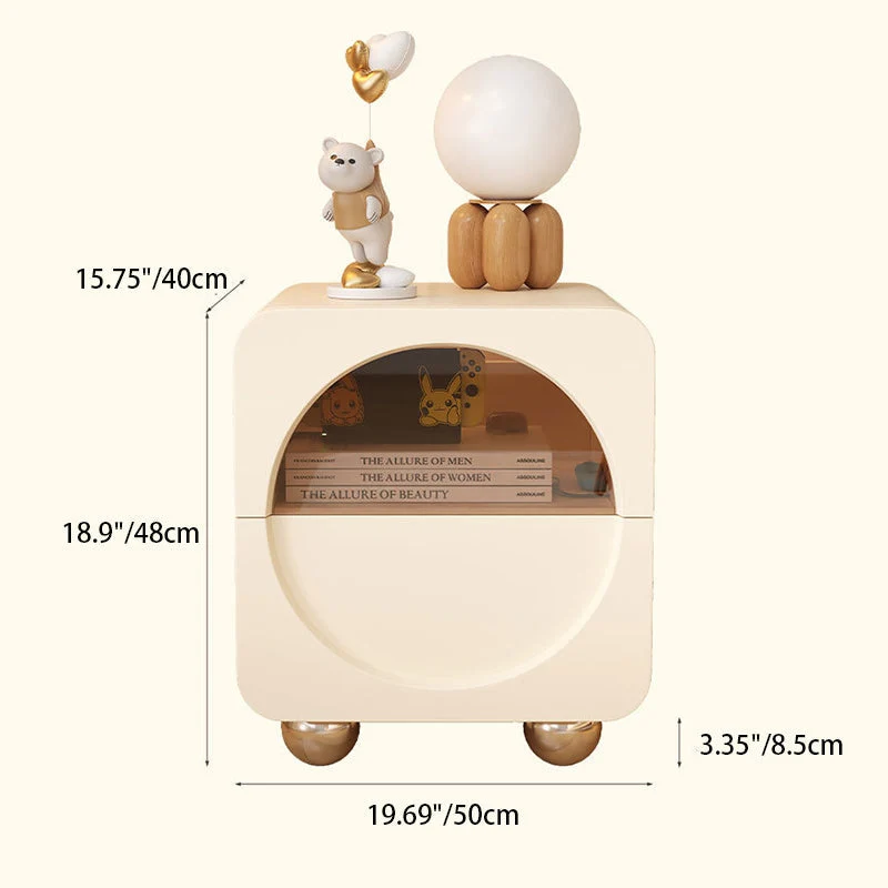 Contemporary Scandinavian Square Rounded Corners Faux Leather Glass Sheet Stainless Steel Nightstand 2-Drawer For Bedroom