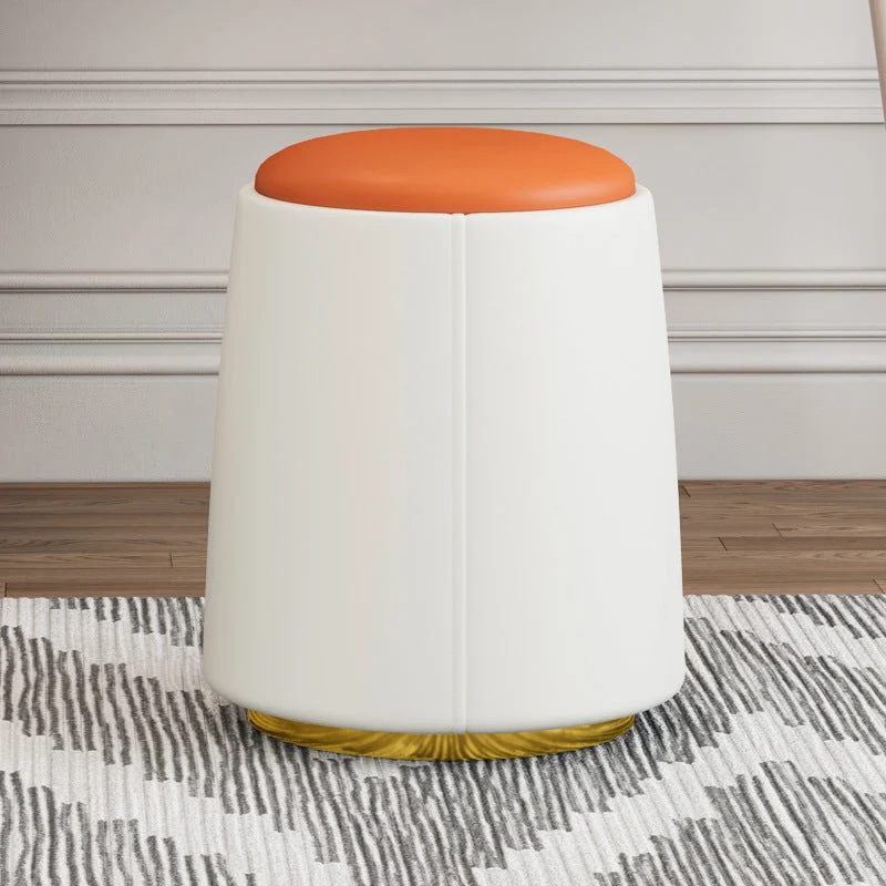 Modern Minimalist Cylinder Round Napa Leather Solid Wood Iron Vanity Stool Backless Armless For Bedroom