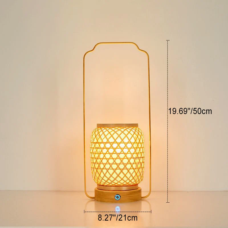 Traditional Japanese Cylinder Bamboo Weaving Acrylic Lampshade Round Rubberwood Base Portable 1 - Light Table Lamp For Dining Room