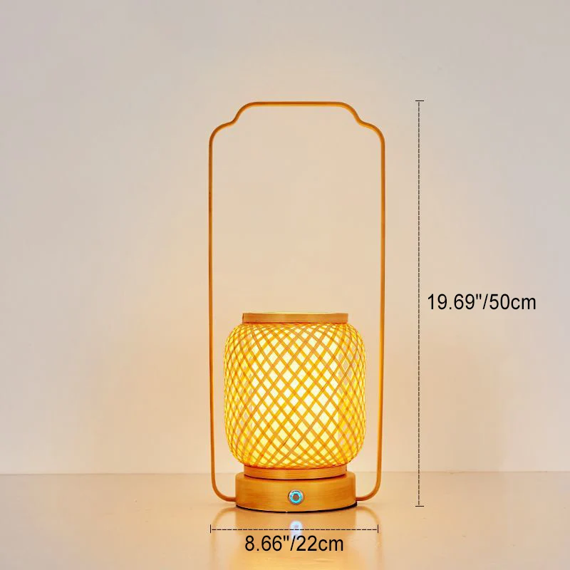 Traditional Japanese Cylinder Bamboo Weaving Acrylic Lampshade Round Rubberwood Base Portable 1 - Light Table Lamp For Dining Room