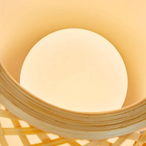 Traditional Japanese Cylinder Bamboo Weaving Acrylic Lampshade Round Rubberwood Base Portable 1 - Light Table Lamp For Dining Room