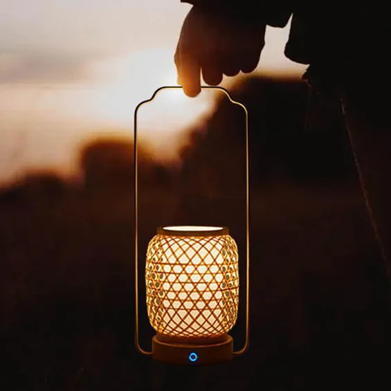 Traditional Japanese Cylinder Bamboo Weaving Acrylic Lampshade Round Rubberwood Base Portable 1 - Light Table Lamp For Dining Room