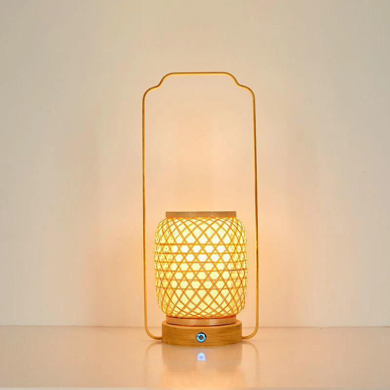 Traditional Japanese Cylinder Bamboo Weaving Acrylic Lampshade Round Rubberwood Base Portable 1 - Light Table Lamp For Dining Room