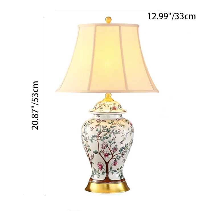 Traditional Vintage Oval Round Plum Blossom Ceramic Metal Fabric 1-Light Table Lamp For Living Room