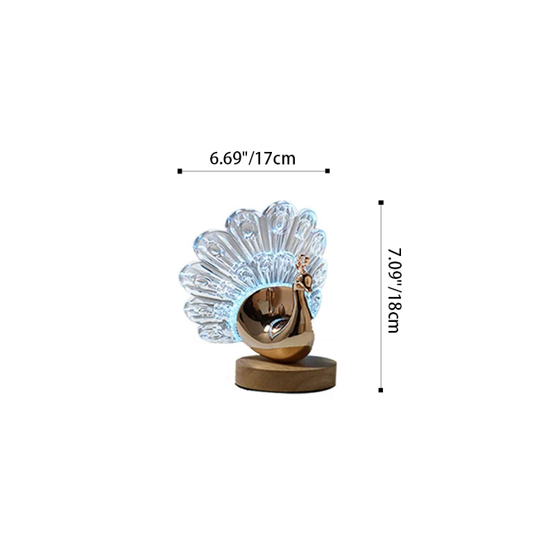 Peacock LED Table Lamp – Nordic Style Wooden Base with Metal & Acrylic Shade for Bedroom