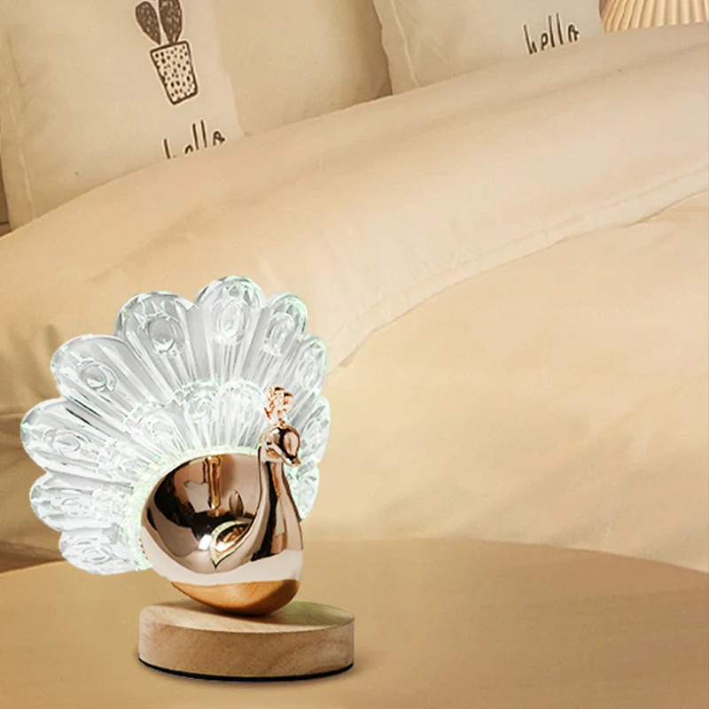 Peacock LED Table Lamp – Nordic Style Wooden Base with Metal & Acrylic Shade for Bedroom
