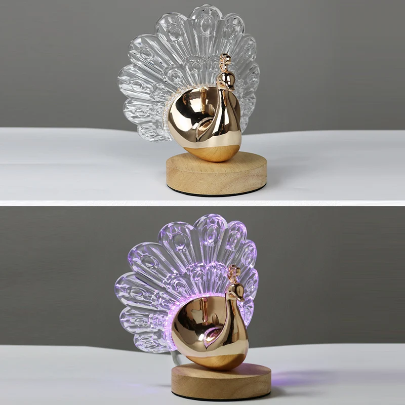 Peacock LED Table Lamp – Nordic Style Wooden Base with Metal & Acrylic Shade for Bedroom