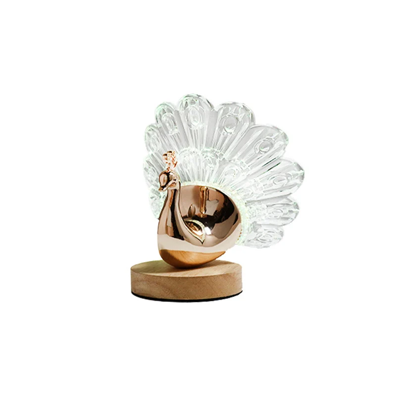 Peacock LED Table Lamp – Nordic Style Wooden Base with Metal & Acrylic Shade for Bedroom