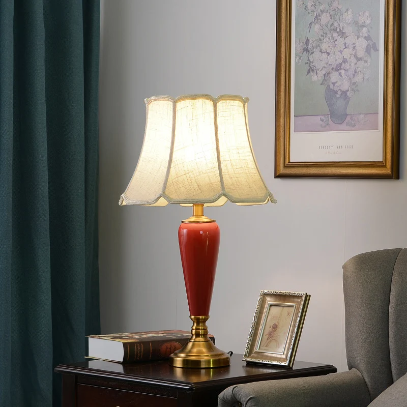 Contemporary Nordic Table Lamp – 1-Light Copper & Ceramic with Tapered Fabric Shade for Bedroom