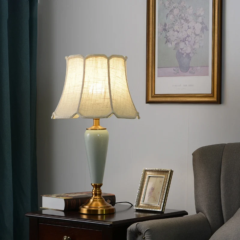 Contemporary Nordic Table Lamp – 1-Light Copper & Ceramic with Tapered Fabric Shade for Bedroom