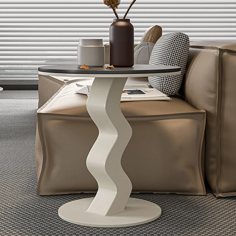 Contemporary Luxury Round Rock Slab Carbon Steel End Table 1-Tier For Living Room