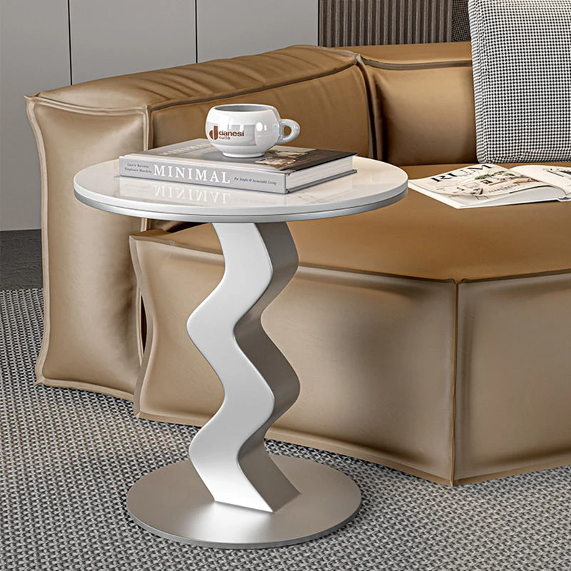 Contemporary Luxury Round Rock Slab Carbon Steel End Table 1-Tier For Living Room