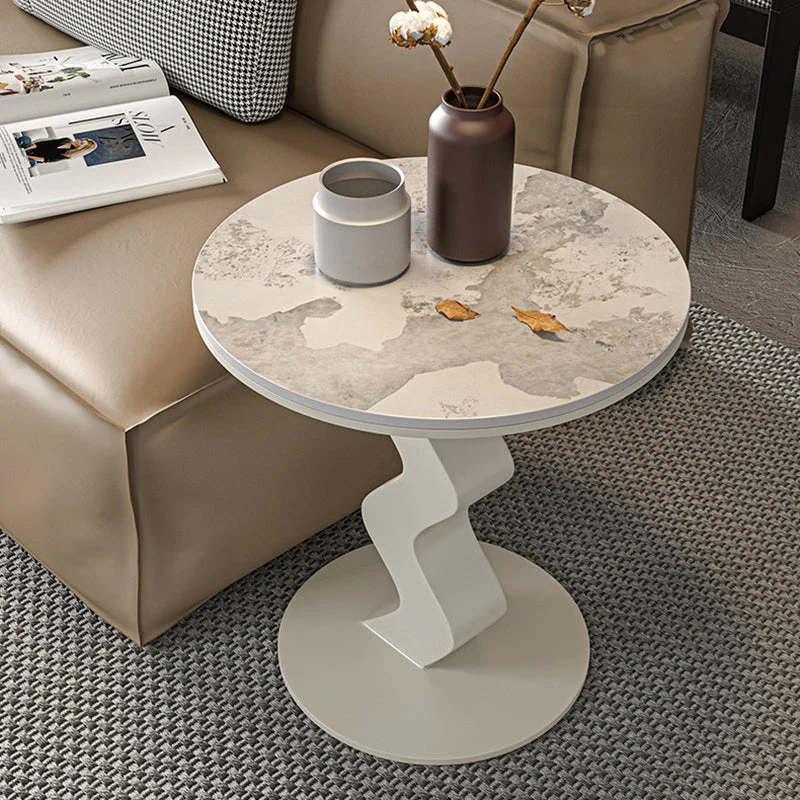 Contemporary Luxury Round Rock Slab Carbon Steel End Table 1-Tier For Living Room