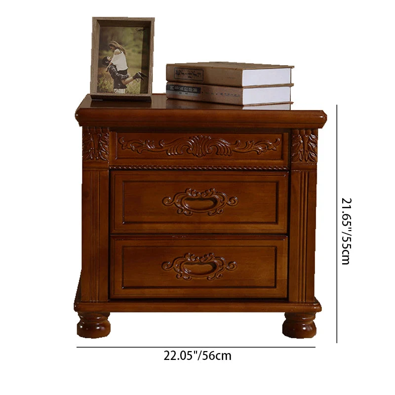 Traditional Vintage Rectangular Rubberwood Plywood MDF Metal Nightstand 2-Drawer For Bedroom