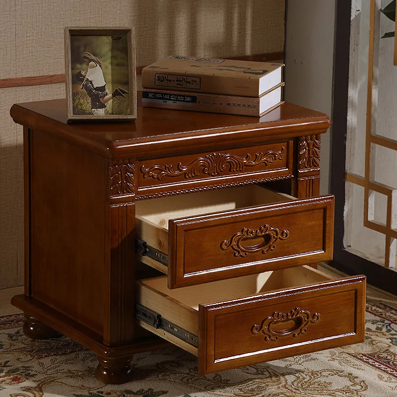 Traditional Vintage Rectangular Rubberwood Plywood MDF Metal Nightstand 2-Drawer For Bedroom