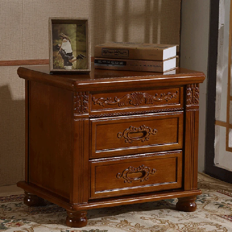 Traditional Vintage Rectangular Rubberwood Plywood MDF Metal Nightstand 2-Drawer For Bedroom