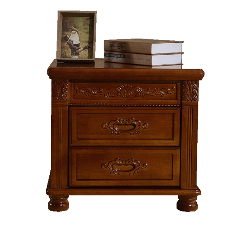 Traditional Vintage Rectangular Rubberwood Plywood MDF Metal Nightstand 2-Drawer For Bedroom
