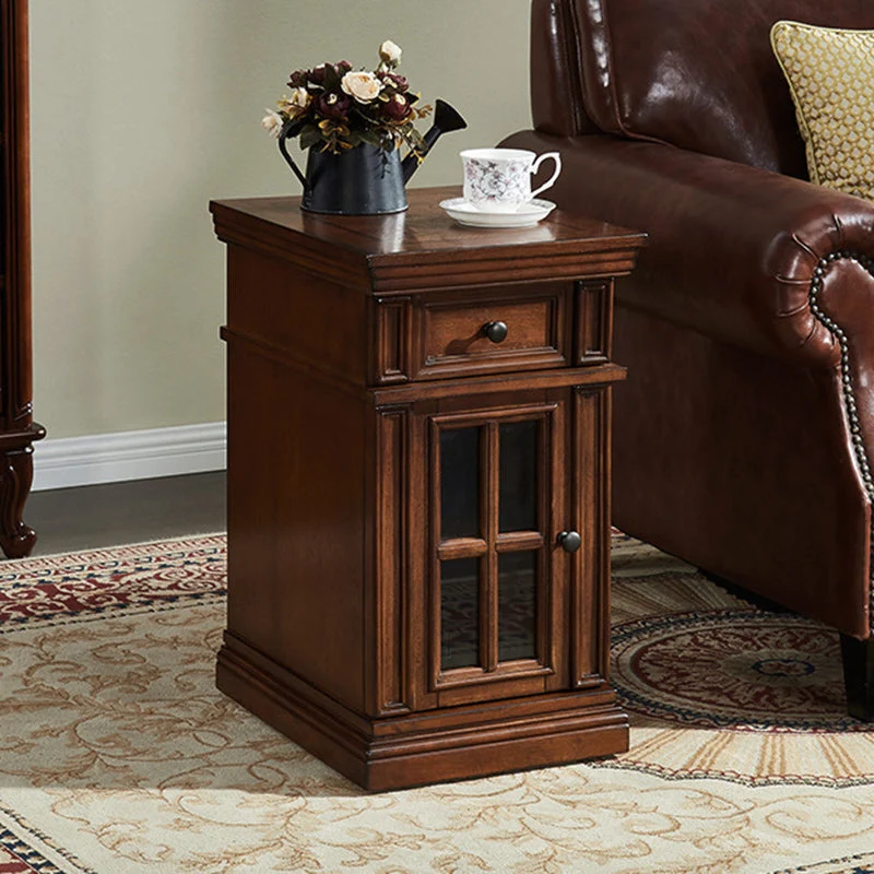 Contemporary Retro Rectangular Rubber Wood Fiberboard Metal Side Table 1-Drawer Cabinet For Bedroom