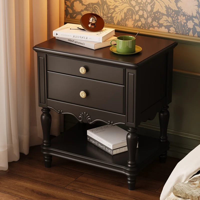 Traditional French Rectangular Rubberwood Plywood Nightstand 2-Drawer For Bedroom