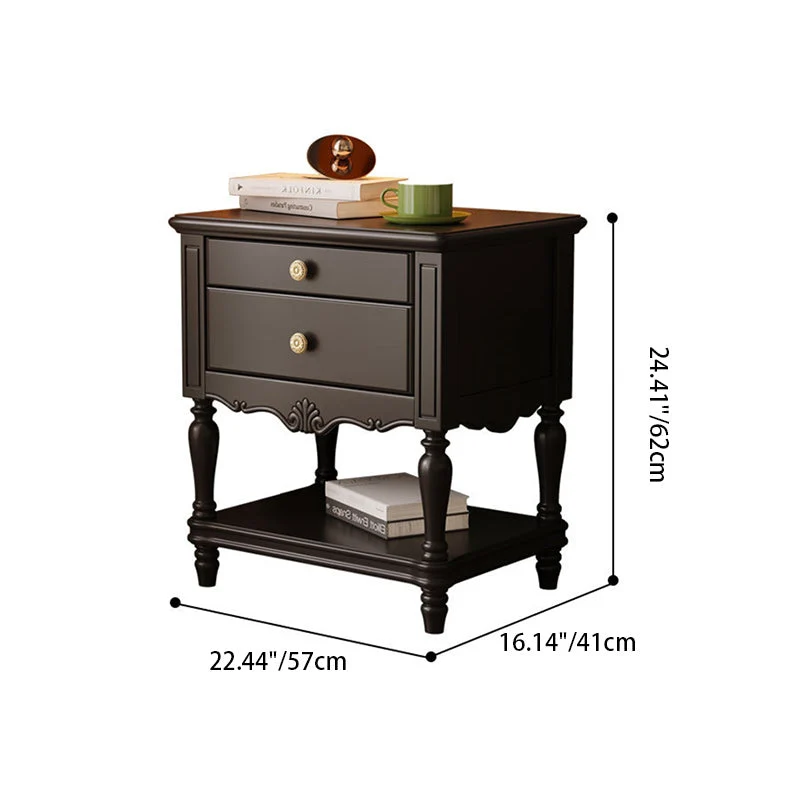 Traditional French Rectangular Rubberwood Plywood Nightstand 2-Drawer For Bedroom