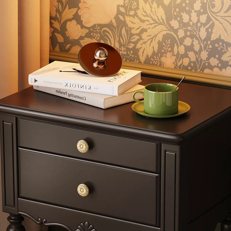 Traditional French Rectangular Rubberwood Plywood Nightstand 2-Drawer For Bedroom