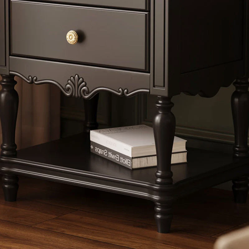 Traditional French Rectangular Rubberwood Plywood Nightstand 2-Drawer For Bedroom