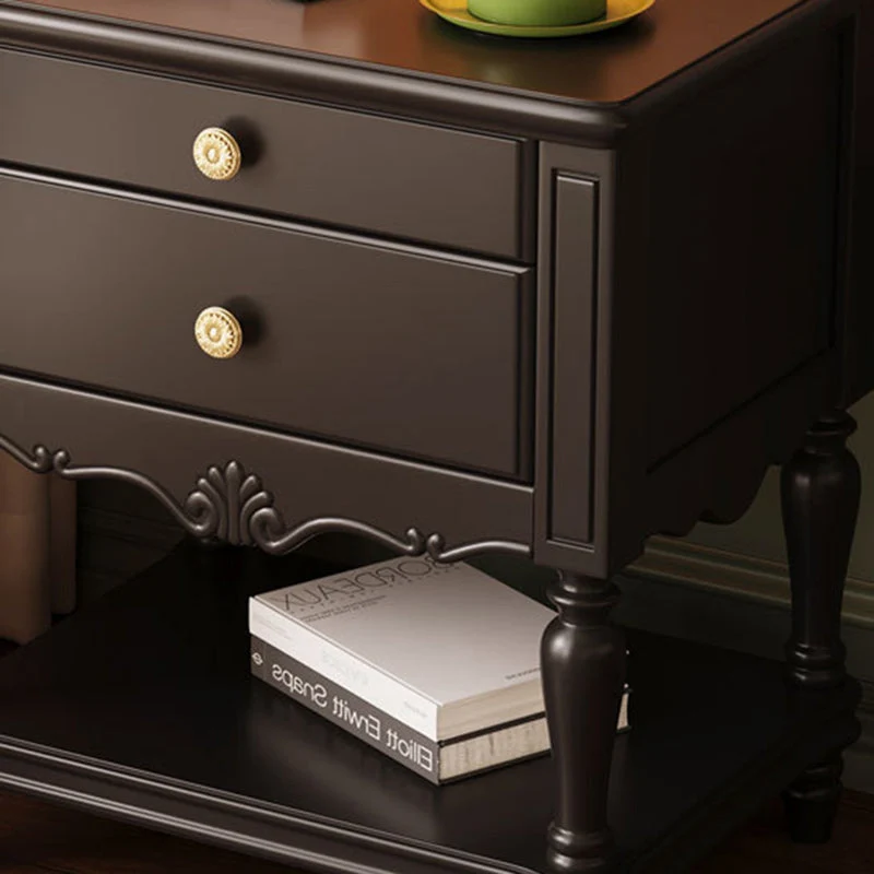 Traditional French Rectangular Rubberwood Plywood Nightstand 2-Drawer For Bedroom