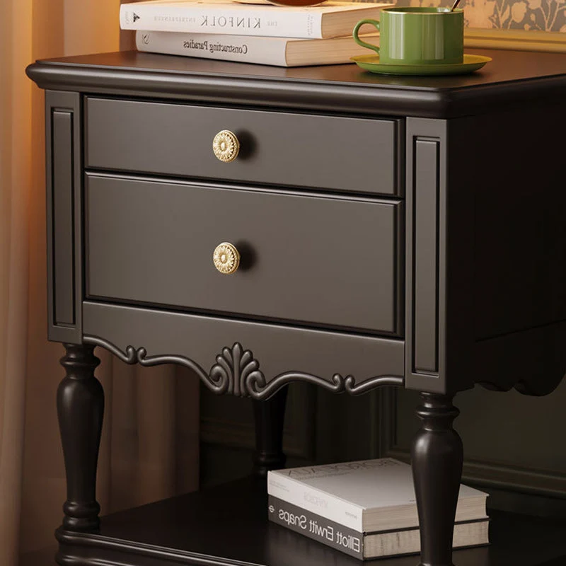 Traditional French Rectangular Rubberwood Plywood Nightstand 2-Drawer For Bedroom