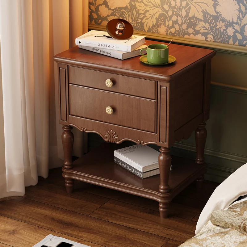 Traditional French Rectangular Rubberwood Plywood Nightstand 2-Drawer For Bedroom