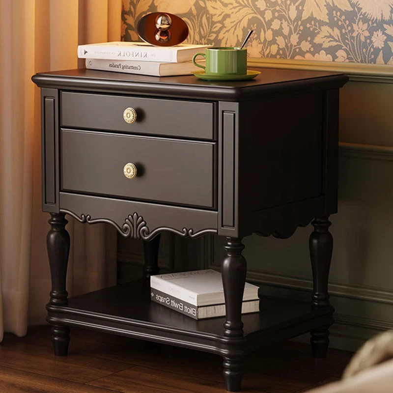 Traditional French Rectangular Rubberwood Plywood Nightstand 2-Drawer For Bedroom