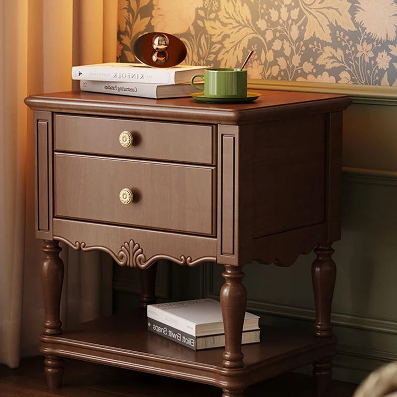 Traditional French Rectangular Rubberwood Plywood Nightstand 2-Drawer For Bedroom