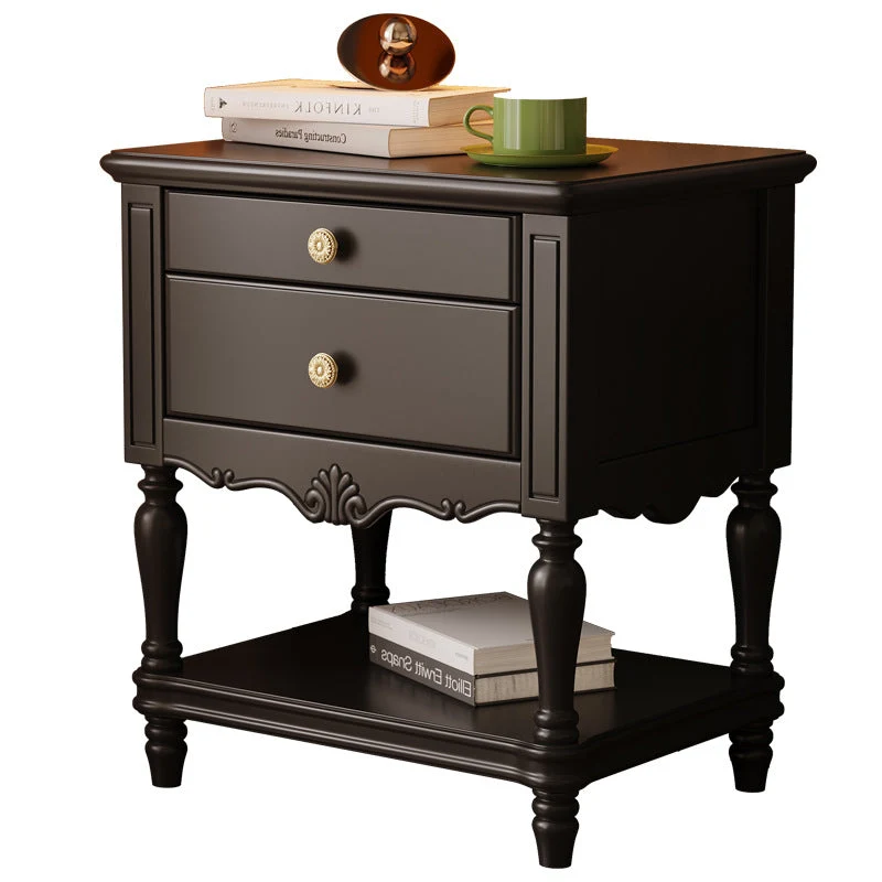 Traditional French Rectangular Rubberwood Plywood Nightstand 2-Drawer For Bedroom