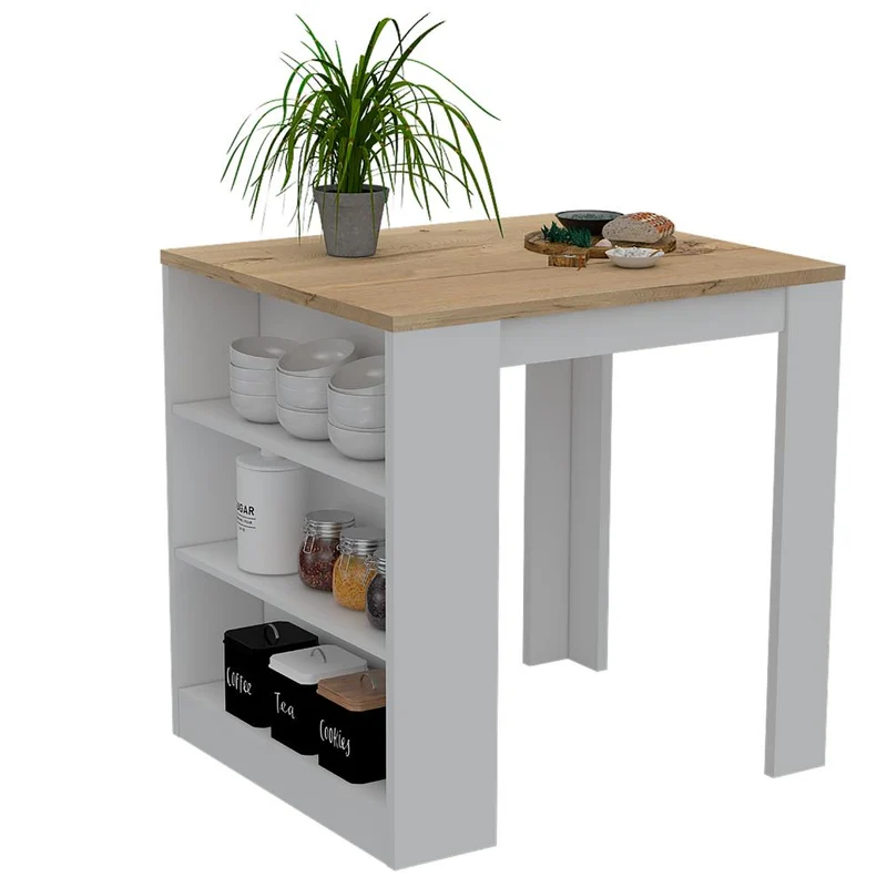 Mesa Auxiliar Mayer, Blanco y Café Claro, con Amplia Superficie en la Mesa y Tres Entrepaños ZF