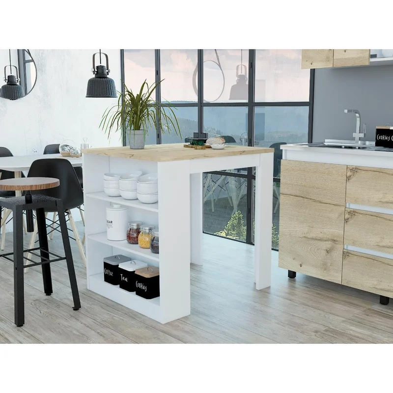 Mesa Auxiliar Mayer, Blanco y Café Claro, con Amplia Superficie en la Mesa y Tres Entrepaños ZF