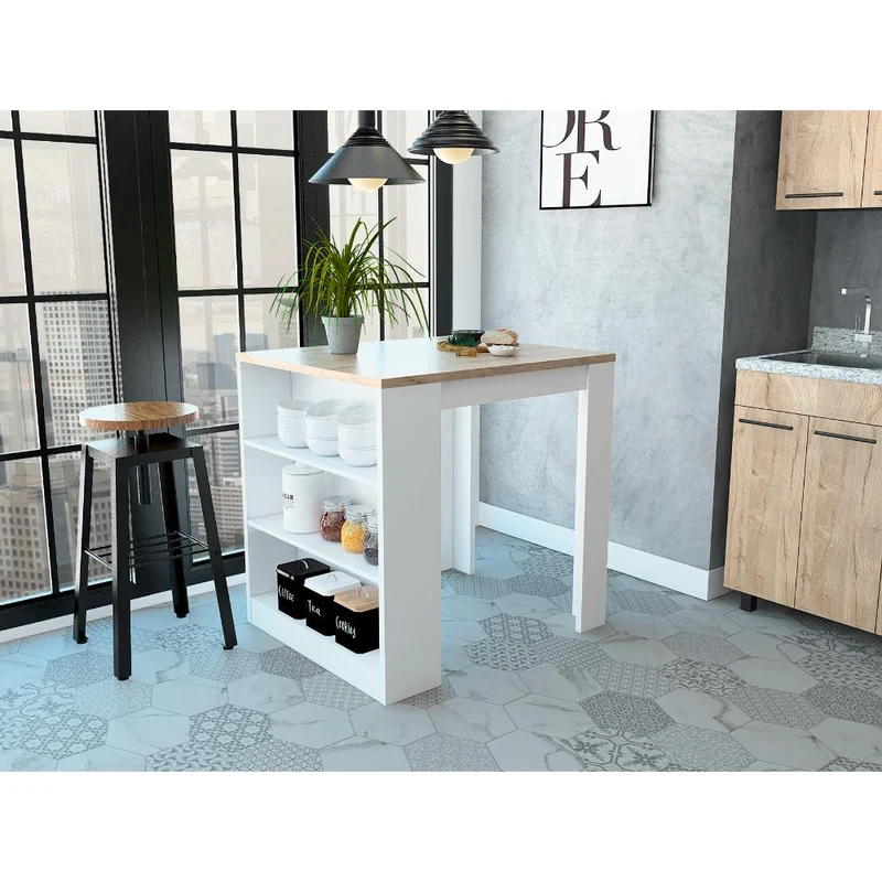 Mesa Auxiliar Mayer, Blanco y Café Claro, con Amplia Superficie en la Mesa y Tres Entrepaños ZF