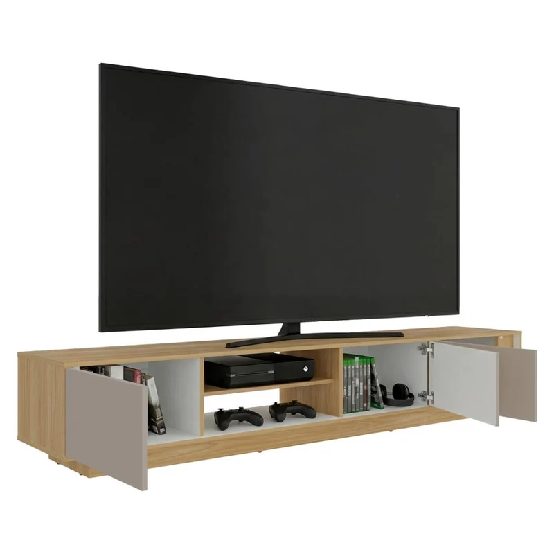 Mesa para TV Maldivas, Fresno Europeo y Capri, para Televisor de hasta 85 Pulgadas con Tres Puertas