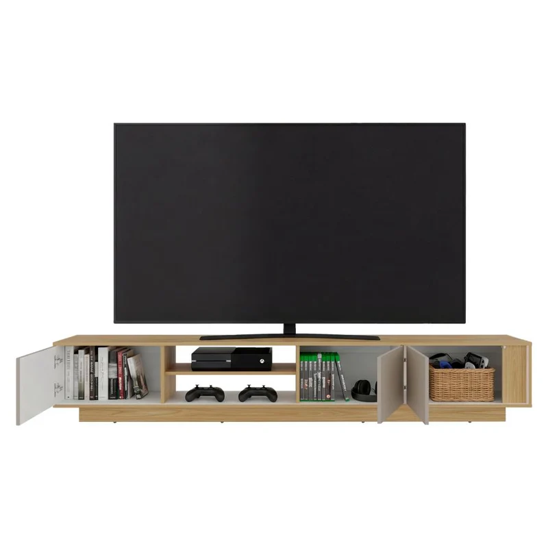 Mesa para TV Maldivas, Fresno Europeo y Capri, para Televisor de hasta 85 Pulgadas con Tres Puertas