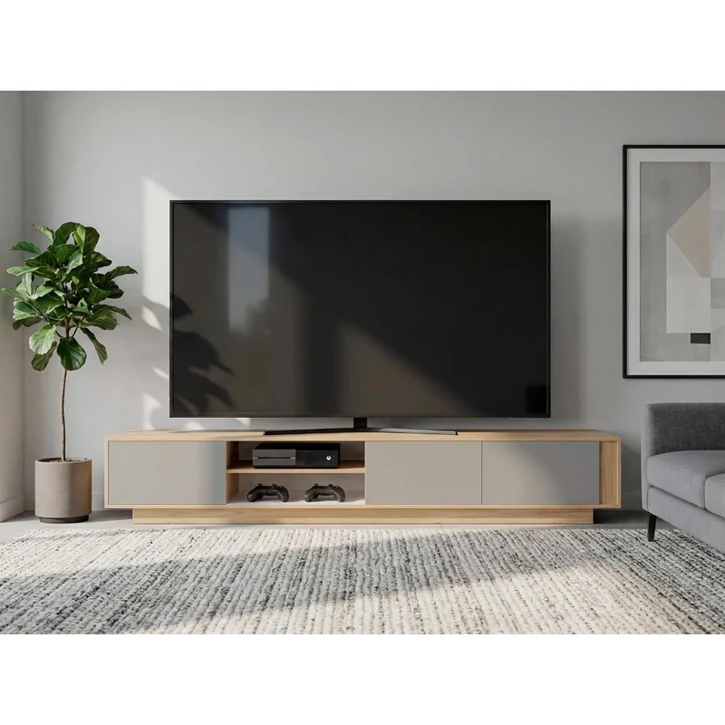 Mesa para TV Maldivas, Fresno Europeo y Capri, para Televisor de hasta 85 Pulgadas con Tres Puertas