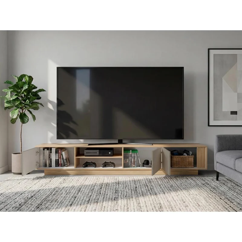 Mesa para TV Maldivas, Fresno Europeo y Capri, para Televisor de hasta 85 Pulgadas con Tres Puertas