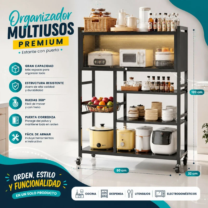 Organizador De Cocina Multiusos Premium Estante Con Puerta Metálico