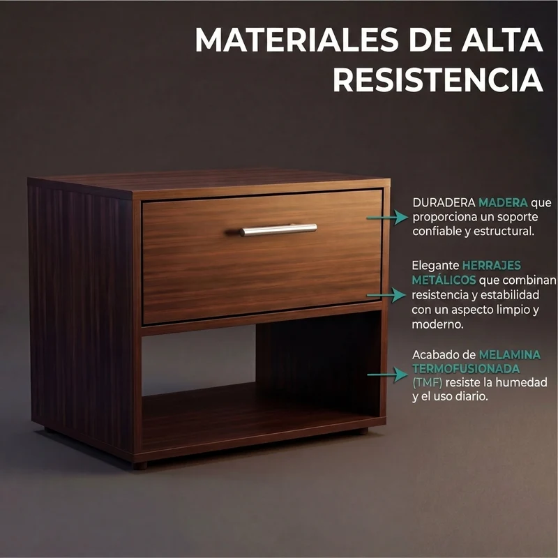 Mesa de Noche Apina, Nogal Europeo, con un Cajón de Manija ZF