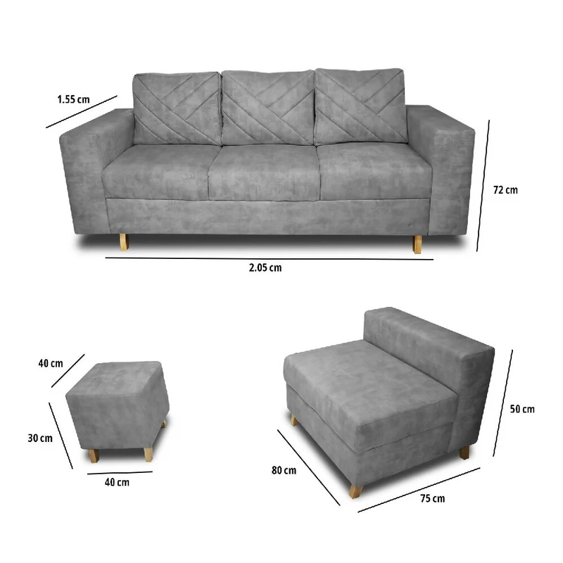Sala Ámsterdam + Silla + Puff en Tela Amigable con Mascotas 205X72X155 cm Gris