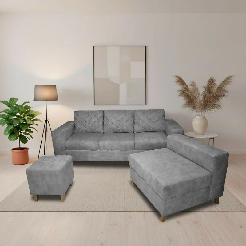 Sala Ámsterdam + Silla + Puff en Tela Amigable con Mascotas 205X72X155 cm Gris